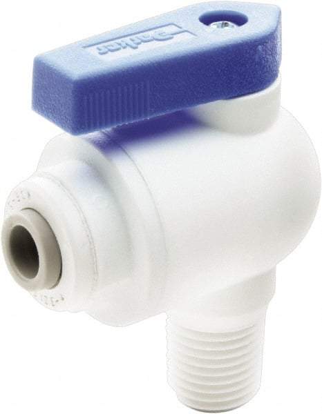 Parker - 1/4" Pipe, Full Port, Polypropylene Valve Male Elbow Ball Valve - Bi-Directional, MNPT x Push-to-Connect Ends, Wedge Handle, 150 WOG - Exact Tool & Supply