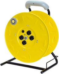 Value Collection - 12 AWG, 100' Cable Length, Cord & Cable Reel with Outlet End, No Cable - 4 Outlets, NEMA 5-15R, 15 Amps, 125 Volts, SO Cable, Yellow Reel, Hand Crank Reel - Exact Tool & Supply