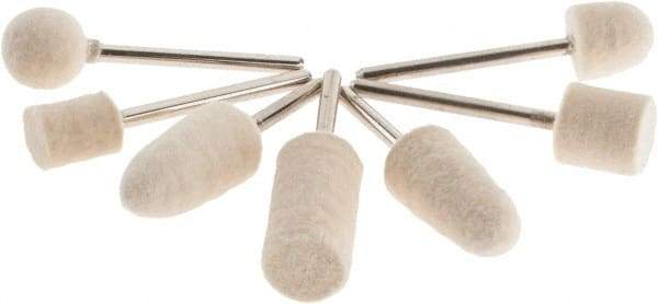 Value Collection - 7 Piece, 1/8" Shank Diam, Wool Felt Bob Set - Medium Density, Includes Ball, Cone, Cylinder, Flame, Olive & Oval Bobs - Exact Tool & Supply