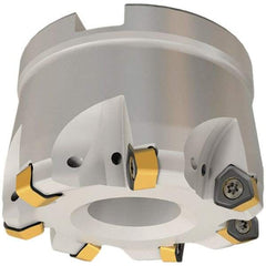 Iscar - 9 Inserts, 4.921" Cutter Diam, 0.079" Max Depth of Cut, Indexable High-Feed Face Mill - 1-1/2" Arbor Hole Diam, 2.48" High, FF FWX-08 Toolholder, H600 WXCU 08 Inserts, Series Helido - Exact Tool & Supply