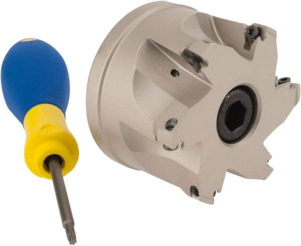 Iscar - 7 Inserts, 2-1/2" Cut Diam, 1" Arbor Diam, 0.315" Max Depth of Cut, Indexable Square-Shoulder Face Mill - 0/90° Lead Angle, 1.77" High, HM390 TPKT 1003 Insert Compatibility, Through Coolant, Series HeliIQMill - Exact Tool & Supply