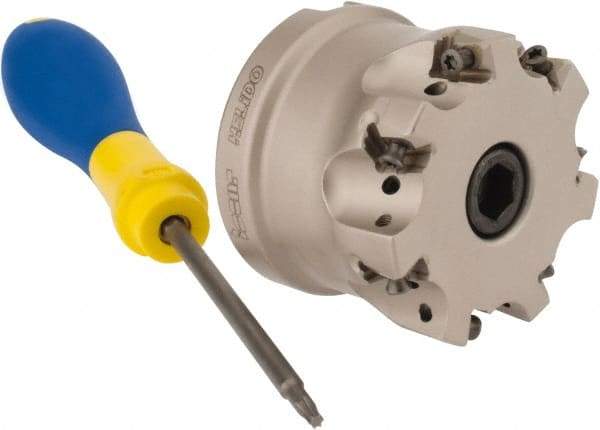 Iscar - 7 Inserts, 2" Cut Diam, 3/4" Arbor Diam, 0.315" Max Depth of Cut, Indexable Square-Shoulder Face Mill - 0/90° Lead Angle, 1.57" High, H490 AN.X 09 Insert Compatibility, Through Coolant, Series Helido - Exact Tool & Supply