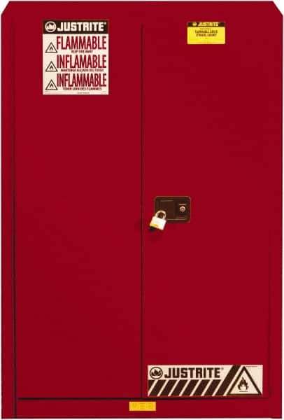 Justrite - 2 Door, 5 Shelf, Red Steel Standard Safety Cabinet for Flammable and Combustible Liquids - 65" High x 43" Wide x 18" Deep, Self Closing Door, 3 Point Key Lock, 60 Gal Capacity - Exact Tool & Supply