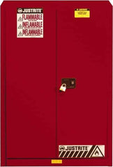 Justrite - 2 Door, 5 Shelf, Red Steel Standard Safety Cabinet for Flammable and Combustible Liquids - 65" High x 43" Wide x 18" Deep, Self Closing Door, 3 Point Key Lock, 60 Gal Capacity - Exact Tool & Supply