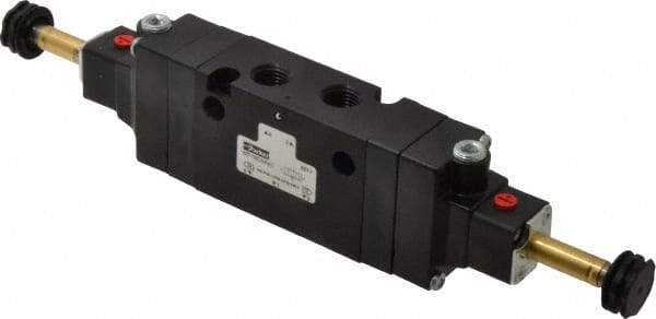 Parker - 1/4" NPT Port, Double Solenoid, 3 Position Valveless Coil, Aluminum Solenoid Valve - Center Exhaust Open, 145 Max PSI, Buna-N Seal - Exact Tool & Supply