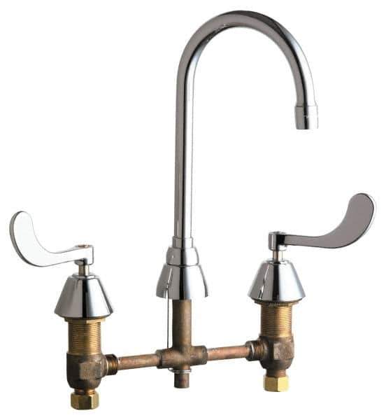 Chicago Faucets - Wrist Blade Handle, Wide Spread Bathroom Faucet - Two Handle, No Drain, Gooseneck Spout - Exact Tool & Supply