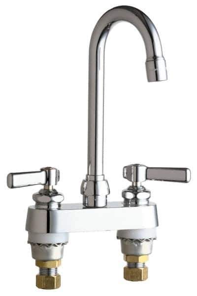 Chicago Faucets - Lever Handle, Deck Mounted Bathroom Faucet - Two Handle, No Drain, Gooseneck Spout - Exact Tool & Supply