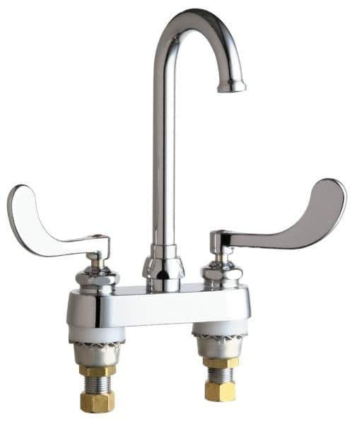 Chicago Faucets - Wrist Blade Handle, Deck Mounted Bathroom Faucet - Two Handle, No Drain, Gooseneck Spout - Exact Tool & Supply