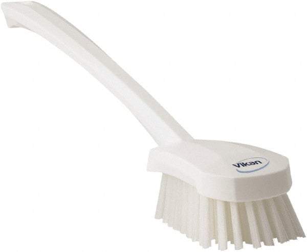 Vikan - 1.3" Bristle Length, Polyester Scrub Brush - 4" Long x 2-3/4" Wide Head, 15-3/4" OAL, White, Polypropylene Block - Exact Tool & Supply