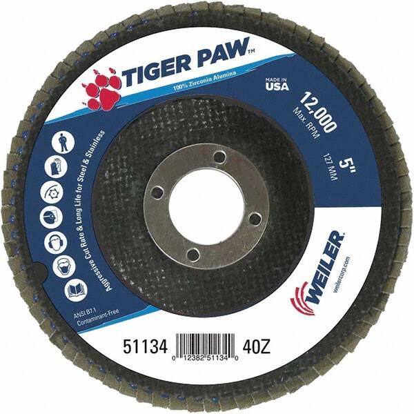 Weiler - 40 Grit, 5" Disc Diam, 7/8" Center Hole, Type 29 Zirconia Alumina Flap Disc - 12,000 Max RPM, Phenolic Backing, Arbor Attaching System, Coated - Exact Tool & Supply