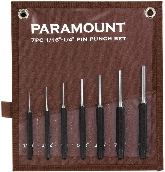 Paramount - 7 Piece, 1/16 to 1/4", Pin Punch Set - Hexagon Shank, Comes in Canvas Roll - Exact Tool & Supply
