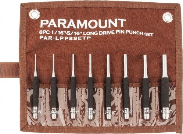 Paramount - 8 Piece, 1/16 to 5/16", Pin Punch Set - Round Shank, Comes in Canvas Roll - Exact Tool & Supply
