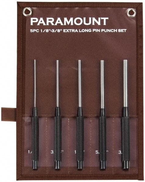Paramount - 5 Piece, 1/8 to 3/8", Pin Punch Set - Round Shank, Steel, Comes in Canvas Roll - Exact Tool & Supply