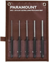 Paramount - 5 Piece, 1/8 to 3/8", Pin Punch Set - Round Shank, Steel, Comes in Canvas Roll - Exact Tool & Supply