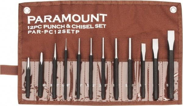 Paramount - 12 Piece Punch & Chisel Set - 3/8 to 5/8" Chisel, 1/16 to 3/8" Punch, Hexagon Shank - Exact Tool & Supply