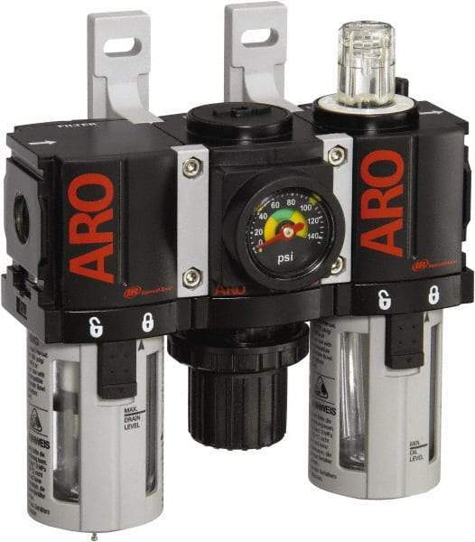 ARO/Ingersoll-Rand - 1/4" NPT Port Miniature 3 Piece Filter-Regulator-Lubricator FRL Unit - Polycarbonate Bowl, 46 SCFM, 150 Max psi, 5" High x 4.724" Long, Automatic Drain - Exact Tool & Supply
