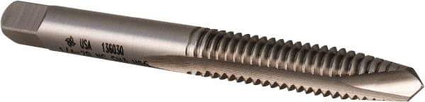 Made in USA - 1/4-20 UNC, 2 Flute, Bright Finish, High Speed Steel Spiral Point Tap - Plug Chamfer, Right Hand Thread, 2-1/2" OAL, 1" Thread Length, 0.255" Shank Diam, 3B Class of Fit - Exact Tool & Supply