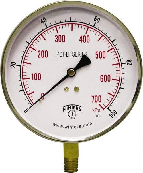Winters - 4-1/2" Dial, 1/4 Thread, 0-100 Scale Range, Pressure Gauge - Lower Connection Mount, Accurate to 0.01% of Scale - Exact Tool & Supply