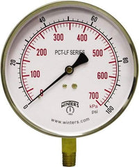 Winters - 4-1/2" Dial, 1/4 Thread, 0-100 Scale Range, Pressure Gauge - Lower Connection Mount, Accurate to 0.01% of Scale - Exact Tool & Supply