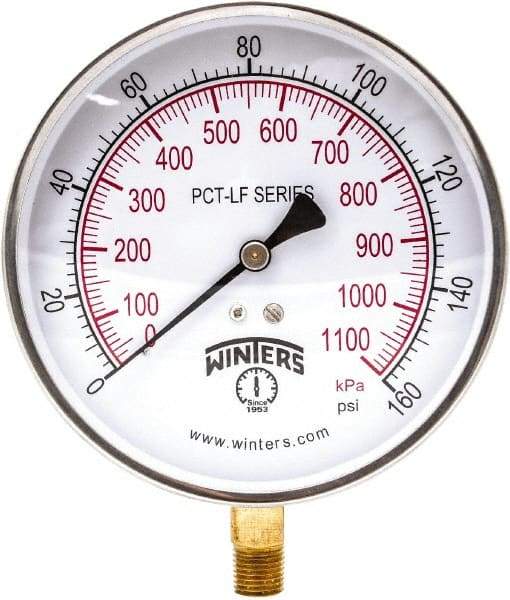 Winters - 4-1/2" Dial, 1/4 Thread, 0-160 Scale Range, Pressure Gauge - Lower Connection Mount, Accurate to 0.01% of Scale - Exact Tool & Supply