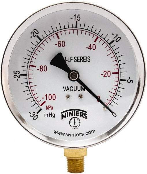 Winters - 4" Dial, 1/4 Thread, 30" HG Vac Scale Range, Pressure Gauge - Lower Connection Mount, Accurate to 3-2-3% of Scale - Exact Tool & Supply