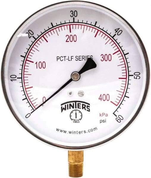 Winters - 4-1/2" Dial, 1/4 Thread, 0-60 Scale Range, Pressure Gauge - Lower Connection Mount, Accurate to 0.01% of Scale - Exact Tool & Supply