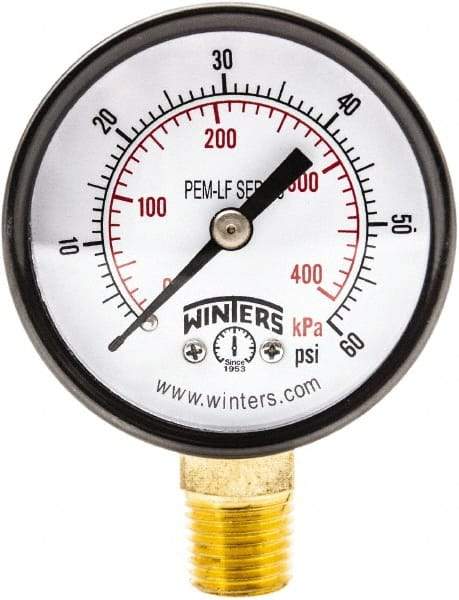 Winters - 2" Dial, 1/4 Thread, 0-60 Scale Range, Pressure Gauge - Lower Connection Mount, Accurate to 3-2-3% of Scale - Exact Tool & Supply