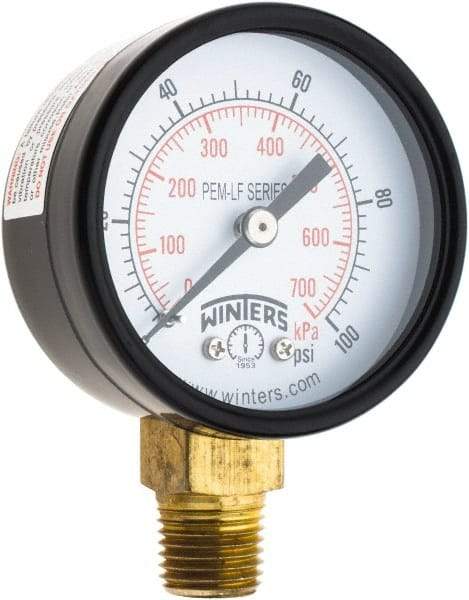 Winters - 2" Dial, 1/4 Thread, 0-100 Scale Range, Pressure Gauge - Lower Connection Mount, Accurate to 3-2-3% of Scale - Exact Tool & Supply