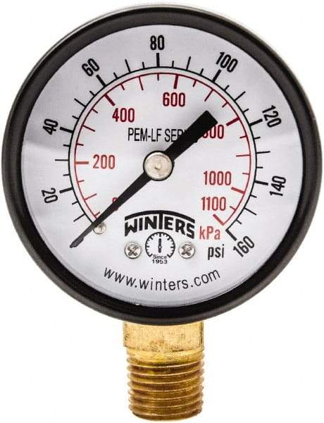 Winters - 2" Dial, 1/4 Thread, 0-160 Scale Range, Pressure Gauge - Lower Connection Mount, Accurate to 3-2-3% of Scale - Exact Tool & Supply
