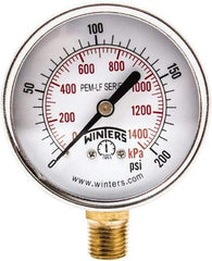 Winters - 2-1/2" Dial, 1/4 Thread, 0-200 Scale Range, Pressure Gauge - Lower Connection Mount, Accurate to 3-2-3% of Scale - Exact Tool & Supply