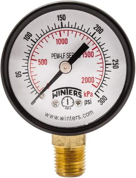 Winters - 2" Dial, 1/4 Thread, 0-300 Scale Range, Pressure Gauge - Lower Connection Mount, Accurate to 3-2-3% of Scale - Exact Tool & Supply