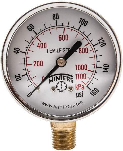 Winters - 2-1/2" Dial, 1/4 Thread, 0-160 Scale Range, Pressure Gauge - Lower Connection Mount, Accurate to 3-2-3% of Scale - Exact Tool & Supply