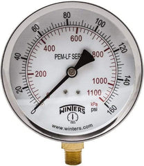 Winters - 4" Dial, 1/4 Thread, 0-160 Scale Range, Pressure Gauge - Lower Connection Mount, Accurate to 3-2-3% of Scale - Exact Tool & Supply