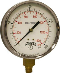 Winters - 4" Dial, 1/4 Thread, 0-200 Scale Range, Pressure Gauge - Lower Connection Mount, Accurate to 3-2-3% of Scale - Exact Tool & Supply