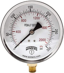 Winters - 4" Dial, 1/4 Thread, 0-300 Scale Range, Pressure Gauge - Lower Connection Mount, Accurate to 3-2-3% of Scale - Exact Tool & Supply