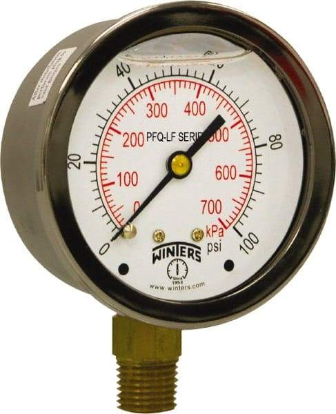 Winters - 2-1/2" Dial, 1/4 Thread, 0-100 Scale Range, Pressure Gauge - Lower Connection Mount, Accurate to 1.5% of Scale - Exact Tool & Supply
