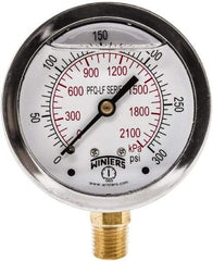 Winters - 2-1/2" Dial, 1/4 Thread, 0-300 Scale Range, Pressure Gauge - Lower Connection Mount, Accurate to 1.5% of Scale - Exact Tool & Supply