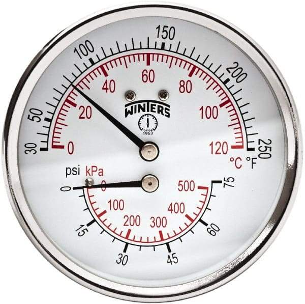 Winters - 3" Dial, 1/2 Thread, 0-75 Scale Range, Pressure Gauge - Center Back Connection Mount, Accurate to 0.03% of Scale - Exact Tool & Supply