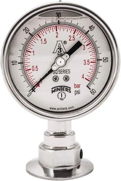 Winters - 4" Dial, 2 Thread, 0-60 Scale Range, Pressure Gauge - Lower Connection Mount, Accurate to 0.01% of Scale - Exact Tool & Supply