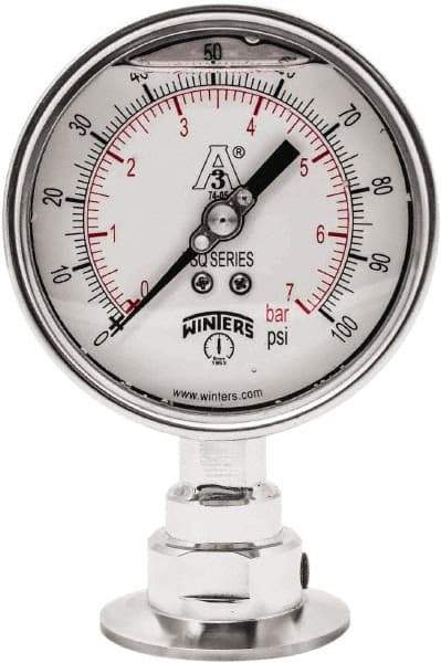 Winters - 4" Dial, 2 Thread, 0-100 Scale Range, Pressure Gauge - Lower Connection Mount, Accurate to 0.01% of Scale - Exact Tool & Supply