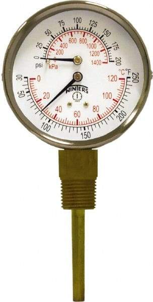 Winters - 3" Dial, 1/2 Thread, 0-200 Scale Range, Pressure Gauge - Lower Connection Mount, Accurate to 0.03% of Scale - Exact Tool & Supply