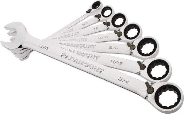 Paramount - 7 Piece, 3/8" to 3/4", 12 Point Reversible Ratcheting Combination Wrench Set - Inch Measurement Standard, Full Polish Chrome Finish, Comes in Blow Molded Case - Exact Tool & Supply