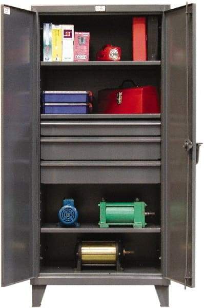 Strong Hold - 3 Shelf 3 Bin Locking Storage Cabinet - Steel, 36" Wide x 24" Deep x 78" High, Dark Gray - Exact Tool & Supply