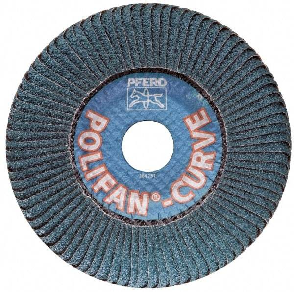 PFERD - 60 Grit, 5" Disc Diam, 7/8" Center Hole, Type 27 Ceramic Flap Disc - 12,200 Max RPM, Fiberglass Backing, Arbor Attaching System, Coated - Exact Tool & Supply