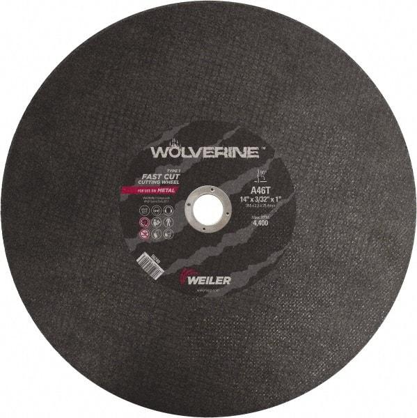 Weiler - 14" 46 Grit Aluminum Oxide Cutoff Wheel - 3/32" Thick, 1" Arbor, 4,400 Max RPM, Use with Chop Saws - Exact Tool & Supply