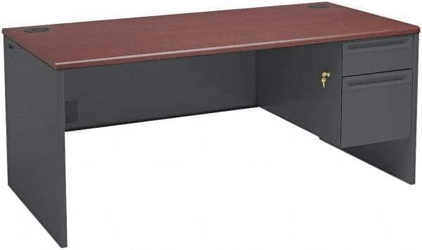 Hon - Steel-Reinforced High-Pressure Laminate/Metal Right Pedestal Desk - 66" Wide x 30" Deep x 29" High, Mahogany/Charcoal - Exact Tool & Supply
