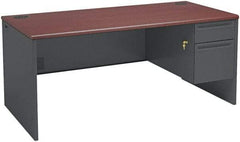 Hon - Steel-Reinforced High-Pressure Laminate/Metal Right Pedestal Desk - 66" Wide x 30" Deep x 29" High, Mahogany/Charcoal - Exact Tool & Supply