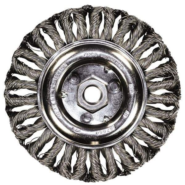 PFERD - 4" OD, 5/8-11 Arbor Hole, Knotted Steel Wheel Brush - 3/8" Face Width, 3/4" Trim Length, 0.02" Filament Diam, 20,000 RPM - Exact Tool & Supply