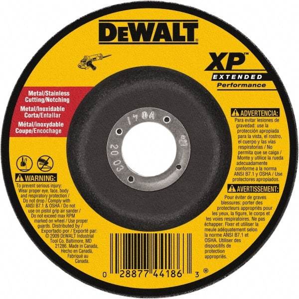 DeWALT - 24 Grit, 9" Wheel Diam, 3/32" Wheel Thickness, 7/8" Arbor Hole, Type 27 Depressed Center Wheel - Zirconia Alumina, Resinoid Bond, 6,600 Max RPM - Exact Tool & Supply