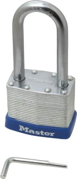 Master Lock - 2" Body Width, 2-1/4" Shackle Clearance, Laminated Steel Zinc Coating Combination Lock - 5/16" Shackle Diam, 15/16" Shackle Width - Exact Tool & Supply